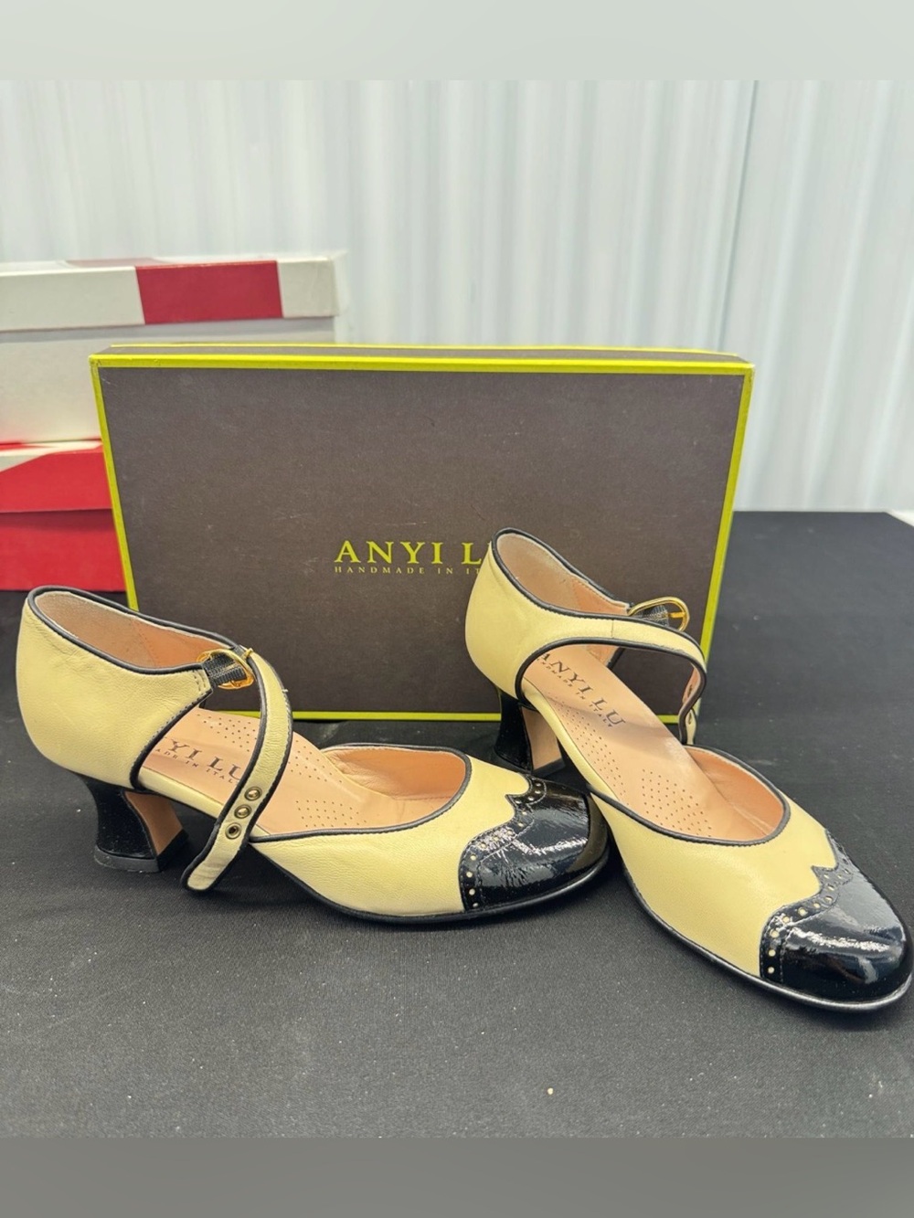 Anyi Lu Mary Jane Heels in Cream and Black Patent ‘Tracy’ spectator heels